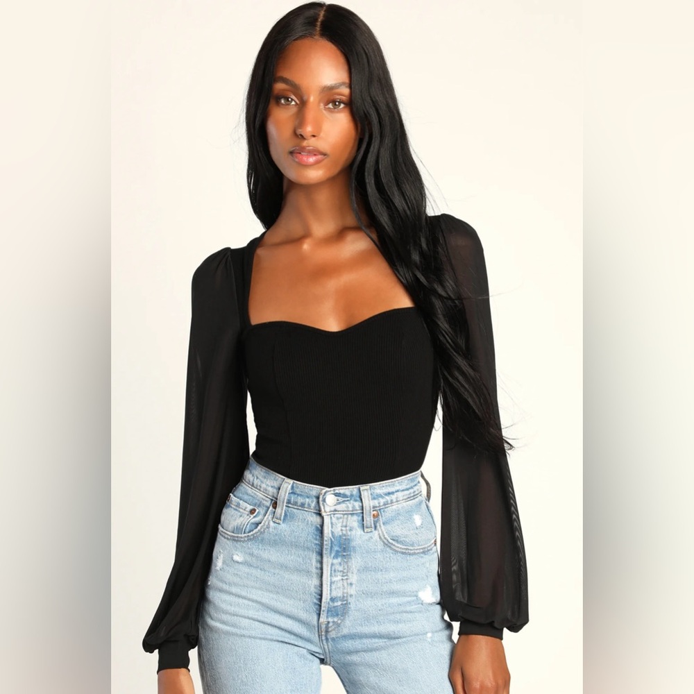 Lulus Sensational Sweetheart Black Ribbed Balloon Sleeve Bodysuit